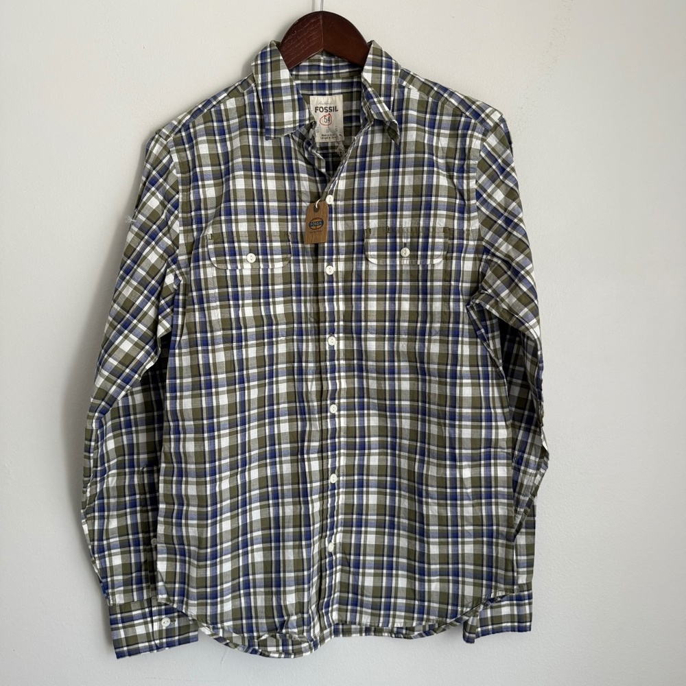 FOSSIL New $63 Mens Small Purple Green White Plaid Long Sleeve Button Up Shirt